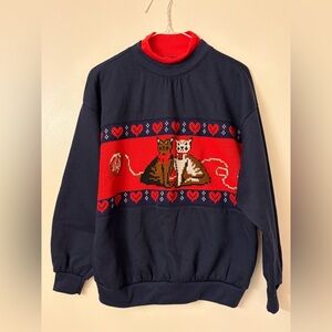 Grandmacore Sweatshirt Women’s L Pebble Court Blue Cats Knit Crew Neck Pullover